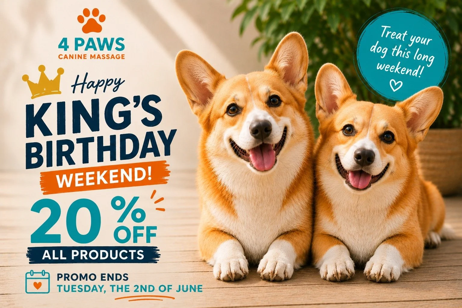 🐾 KING&rsquo;S BIRTHDAY WEEKEND SALE 🐾

Treat your furry friend this long weekend with 20% OFF all products at 4Paws 🧡

Including our Full Spectrum Hemp Oil and Mushroom Powder, designed to support your dog&rsquo;s overall wellbeing.

Promo ends T