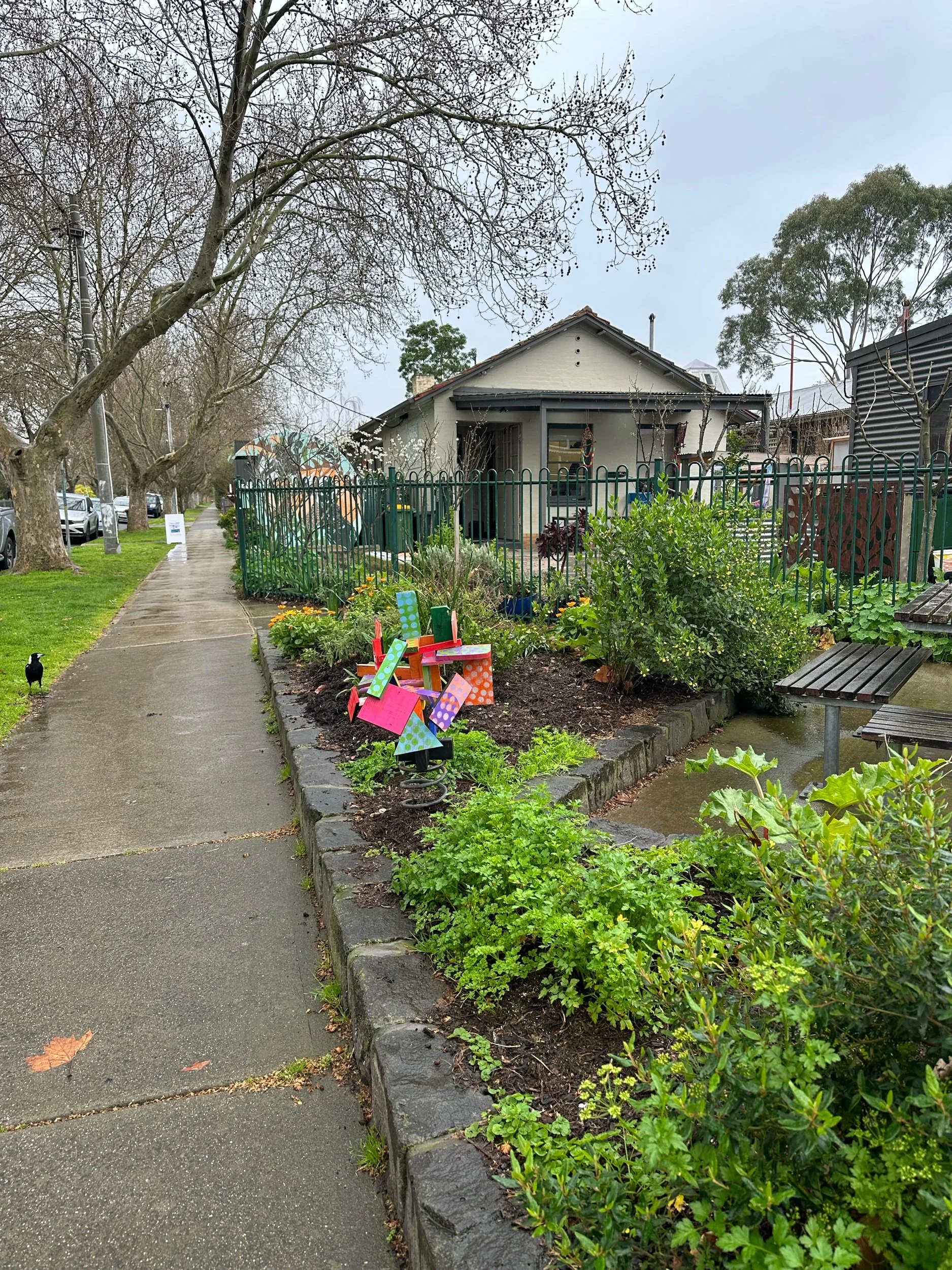 Crepe myrtles and sculptures