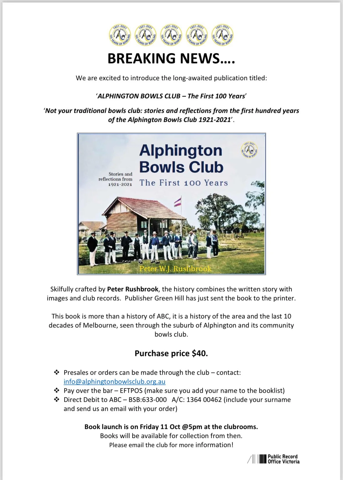 Bowls club book launch