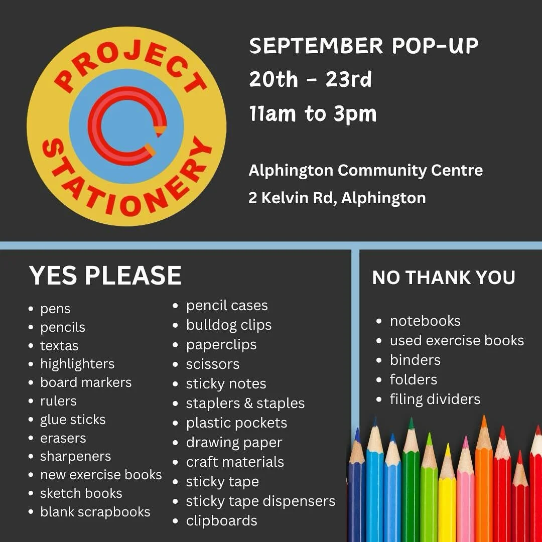 STARTING THIS SATURDAY: FOR 4 DAYS ONLY!
Project Stationery is having a pop-up collection at the Alphington Community Centre. Please note that &ldquo;drawing paper&rdquo; means any blank paper that can be used by kinder kids (if it has something prin