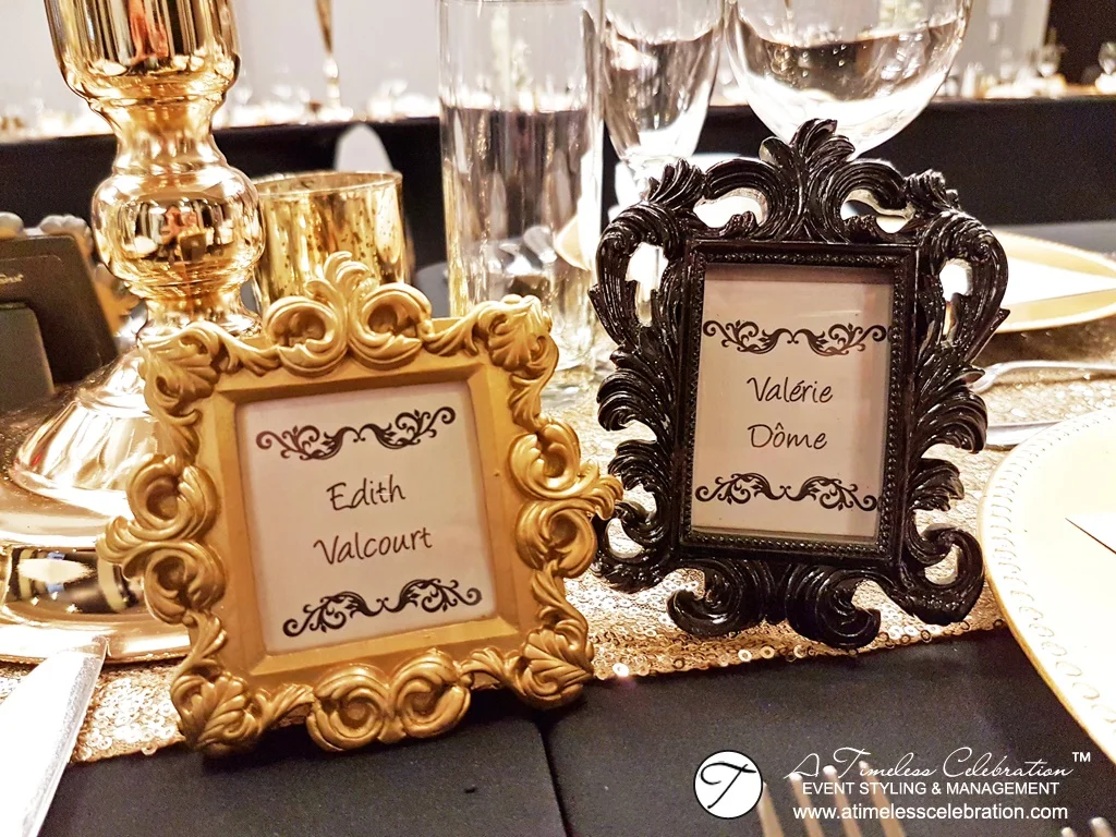 Old Montreal Wedding Florist Flowers Gold Black Decorations Hotel Place d'Armes Ornate Frame Placecards