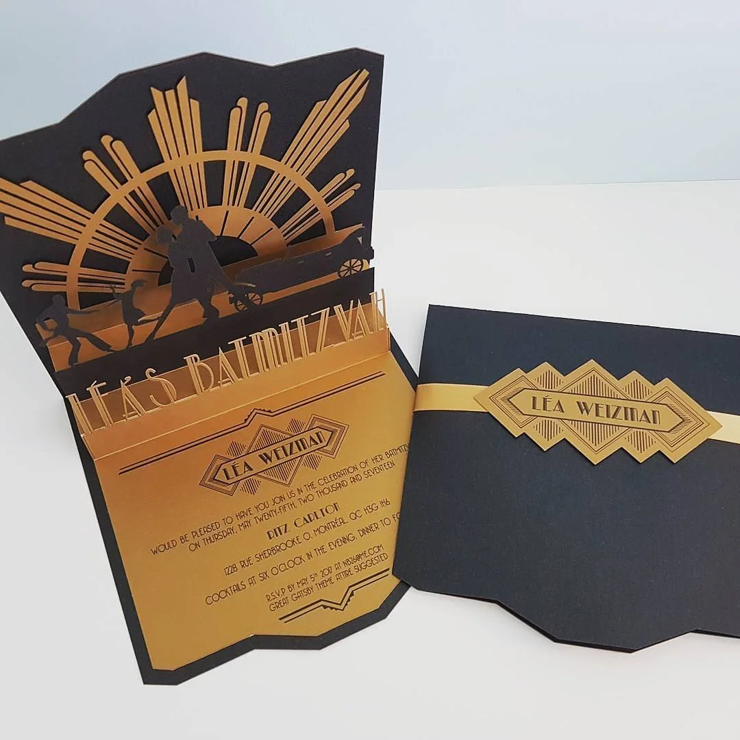 Custom Made Bar Mitzvah Laser Cut Vintage Great Gatsby Black Gold Wedding Invitation.jpg