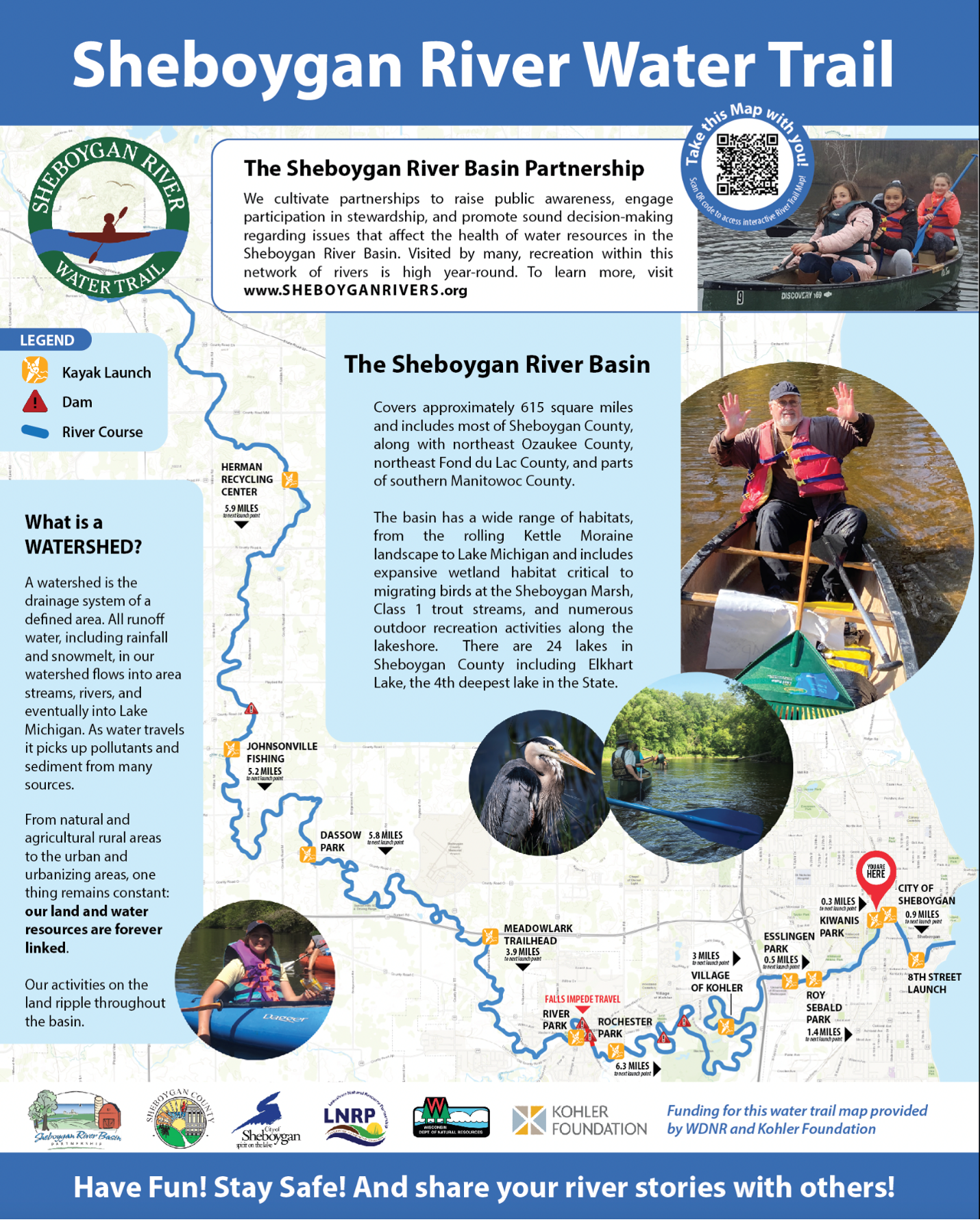 Map of the Sheboygan River Water Trail with information and images.