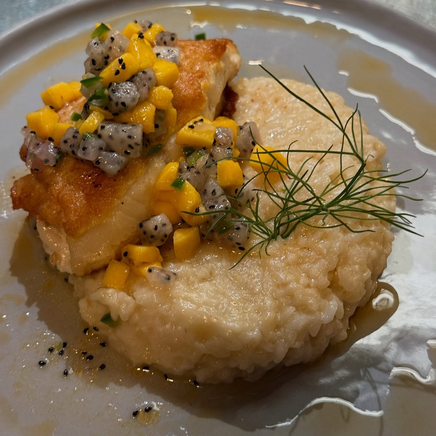 Happy to see fresh snow, but we are craving tropical flavors&hellip; come try our new Dover Sole with Parmesan risotto, dragon fruit-mango salsa and chili oil drizzle! #eatdrinkplaynice