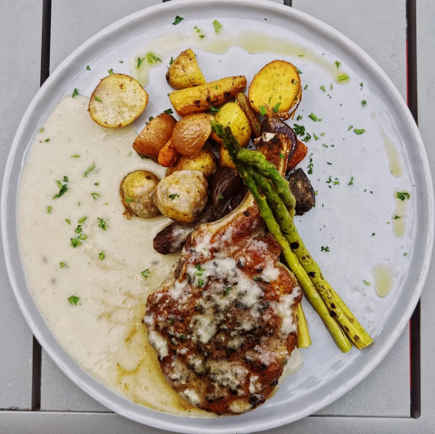 It&rsquo;s time for a Fall flavors. Try our local pork chop with rainbow confit potatoes, caramelized apples and Sun Valley Mustard-sage-cr&egrave;me fresh sauce. @sunvalleymustard #eatdrinkplaynice