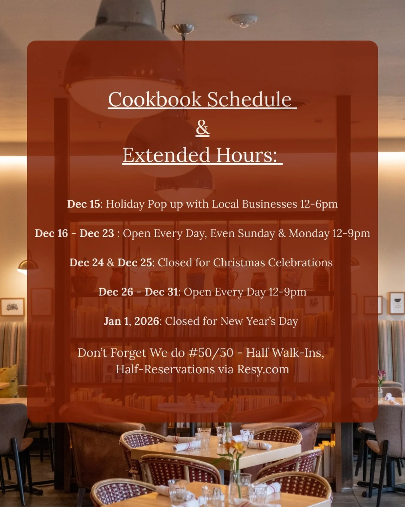 Excited to share our holiday schedule for the next few weeks! 

We will be open on Sundays and Mondays 12-9pm to give you some extra time to stock up on gifts or just give you extra time to enjoy our menu. 

Don&rsquo;t forget to DM us your email or 