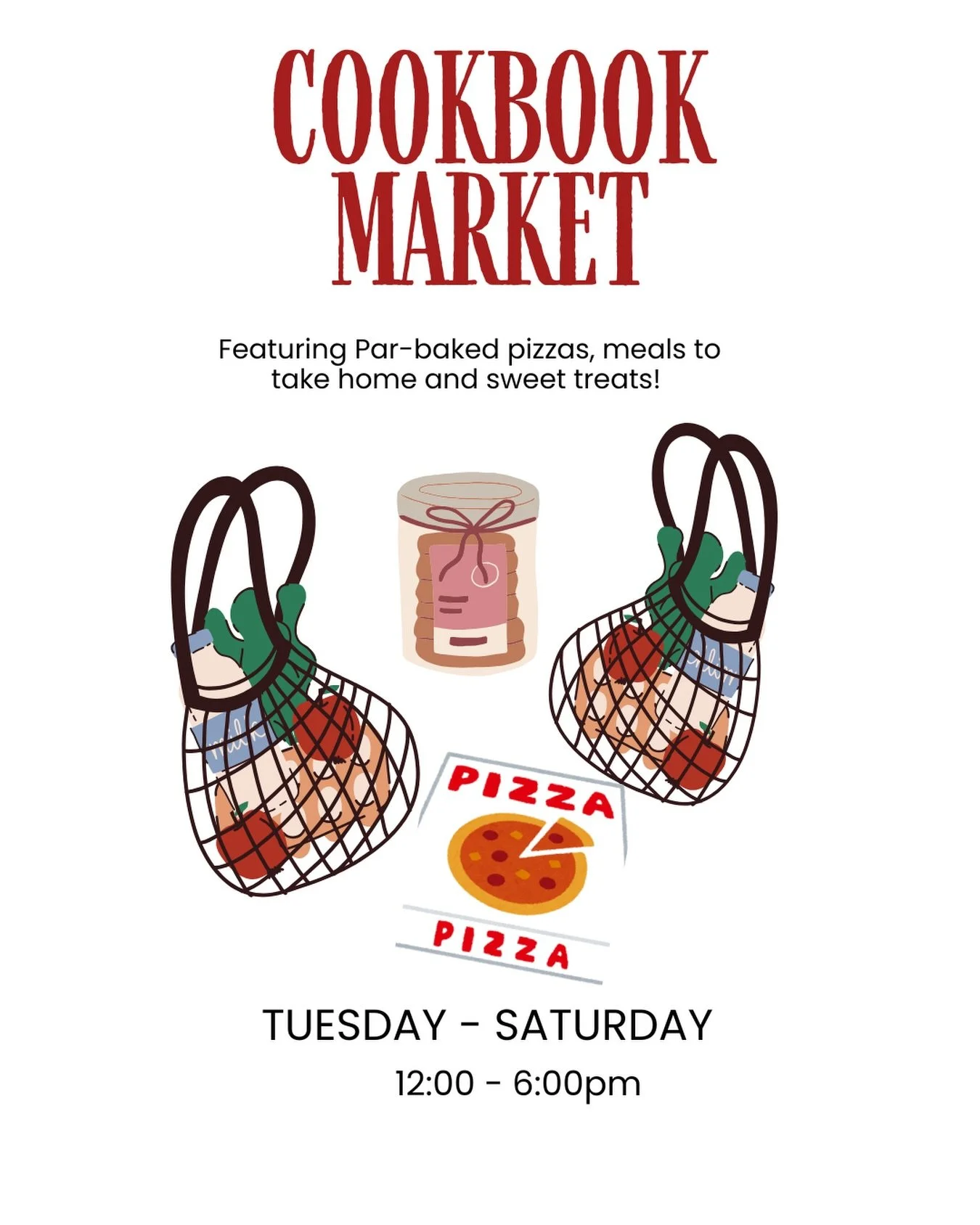 We&rsquo;re so excited to announce that our market will be officially open tomorrow 12-6pm and will be open for you Tuesday- Saturday featuring some of our par-baked pizzas, meals to take home and delicious sweet treats, plus few gift options. Can&rs