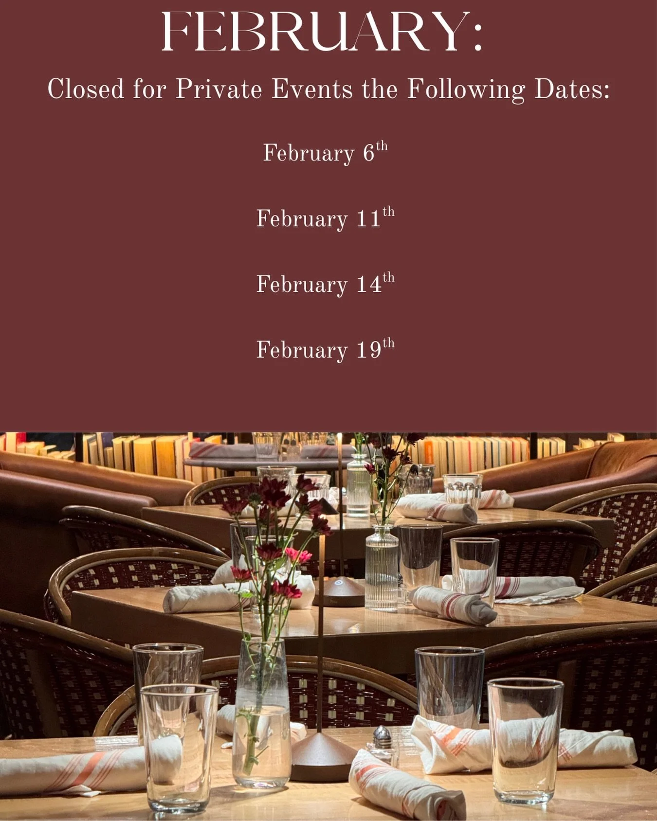Excited to share our February schedule! We will be closed a few days for private events but will be open for lunch until 3:30pm on those days. #eatdrinkplaynice