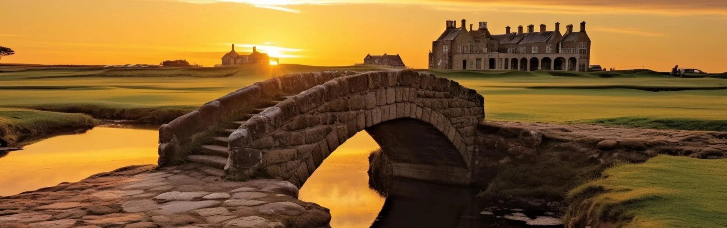 A stone bridge over a waterway at sunset on a golf course, with a large historic building and a smaller structure in the background.