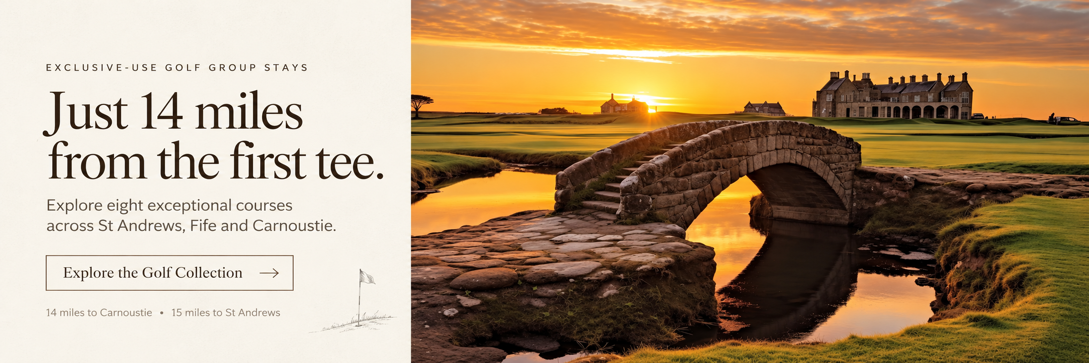 A scenic sunset view of a golf course with a stone bridge over a water feature and a large historic building in the background.