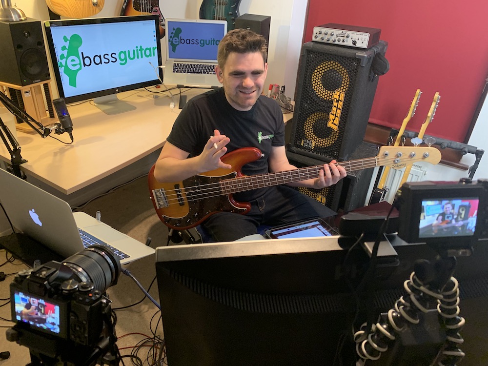 Presenting and recording a live masterclass at eBassGuitar HQ on music theory for bass guitar players