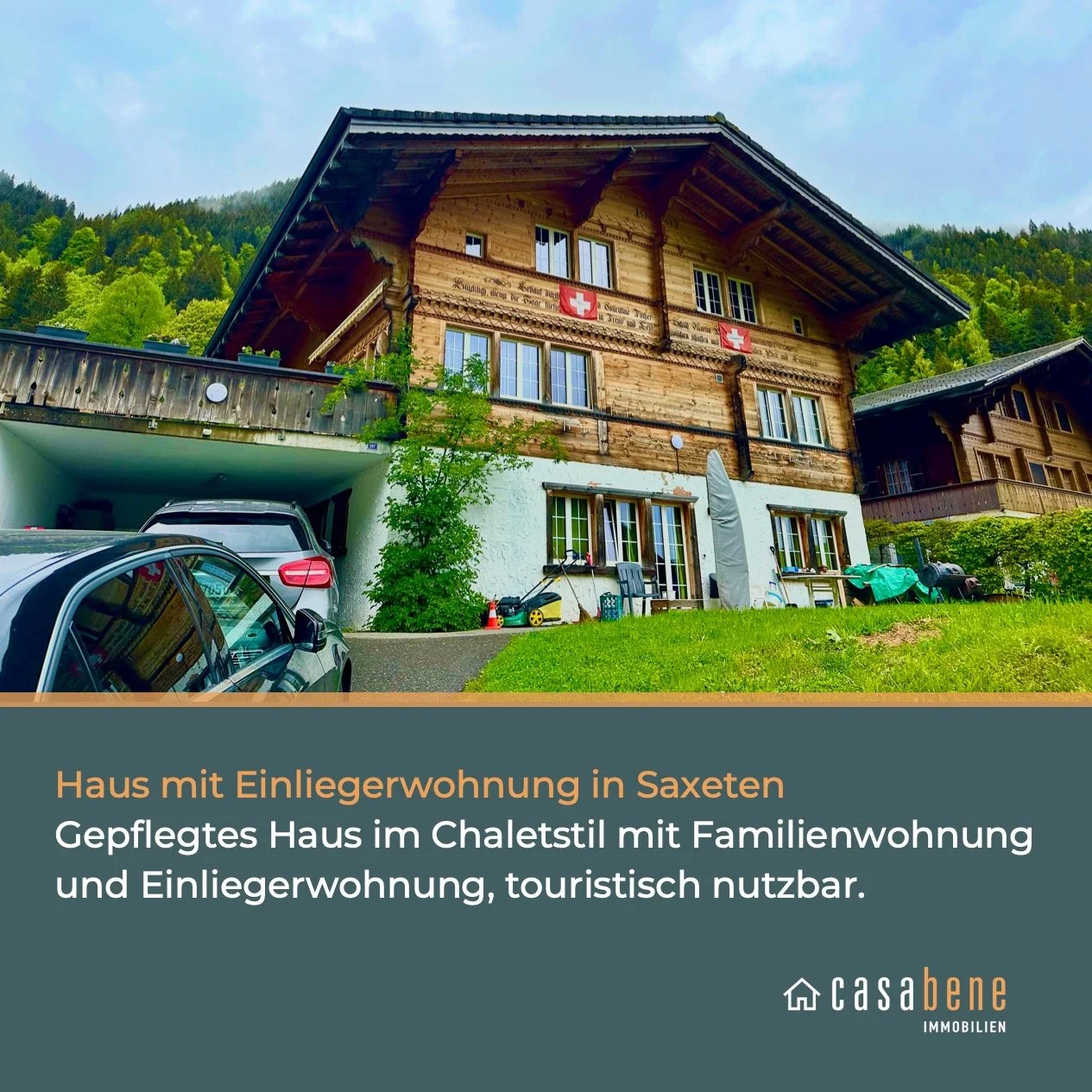 Einmalige Chance für ein grosszügiges Chalet mit Duplex-Familienwohnung und Einliegerwohnung, auch ideal für Airbnb Nutzung. Saxeten bietet attraktive Immobilienpreise und die Nähe zu Interlaken.