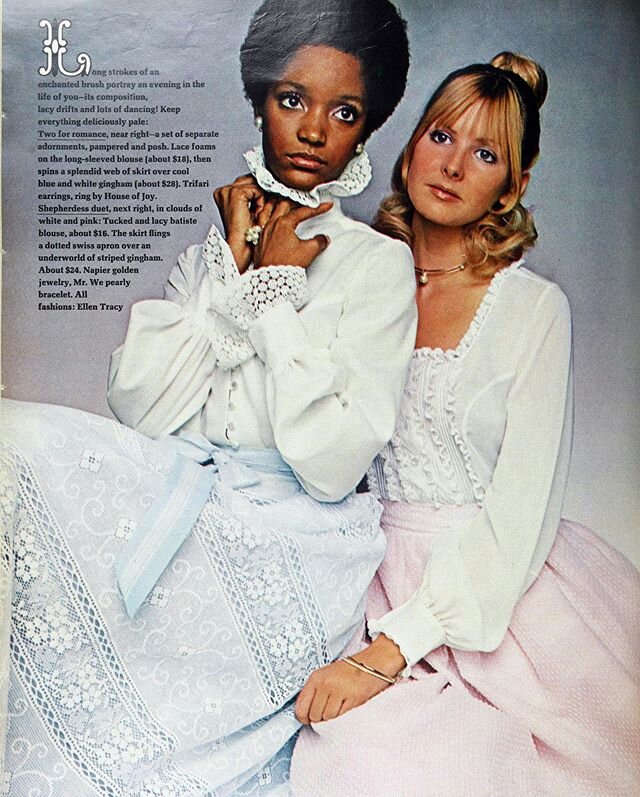 Dreamy summer pastel wardrobe&mdash;all lace and gingham and flowers&mdash;from Seventeen, April 1970. Photos by Carmen Schiavone. If anyone recognizes the models, please let me know their names 🌸🌸🌸