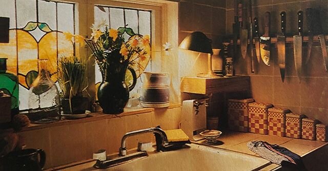 The warm glow of stained glass in Milton Glaser&rsquo;s Woodstock kitchen, 1977. Unsurprisingly his home was perfect in every way 💞 #miltonglaser #dreamhome