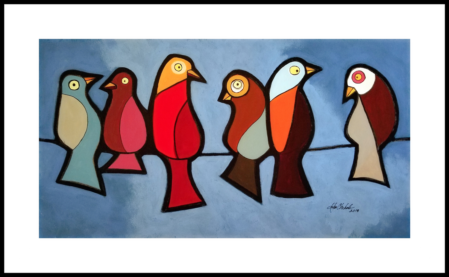 This was a commissioned piece where the patron wanted all of the birds standing upright and had specific color requests. Click on the picture to go to the Birds page.