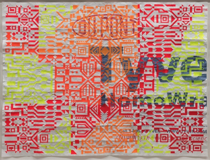   Caroline Monnet ,  Regalia , 2019, Embroidery on Tyvek, 48” x 36 ¾” 