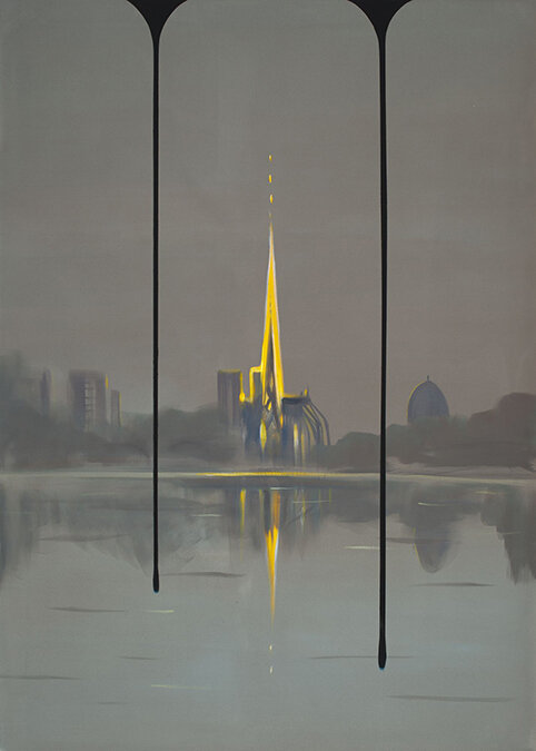  Wanda Koop,  BREAKING NEWS (Notre Dame) , 2020, Acrylique sur toile, 84” x 60” 