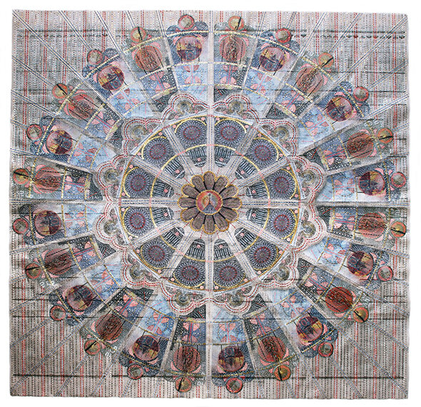  Myriam Dion,  Notre-Dame en feu, 16 avril 2019 , 2020, Papier journal coupé au couteau x-acto, collage et tissage de papier japonais, feuille d’or et feuille de cuivre, 51 1/8” x 52” 