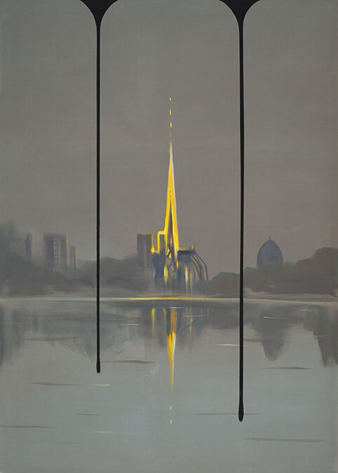  Wanda Koop ,  BREAKING NEWS (Notre Dame) , 2020, Acrylic on canvas, 84” x 60” 
