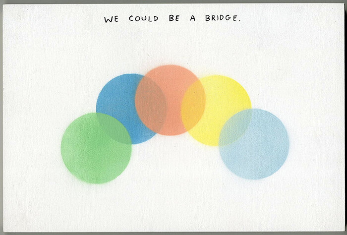   Michael Dumontier &amp; Neil Farber ,  We could be a bridge , 2020, Acrylic and spray paint on birch panel, 12” x 8” 