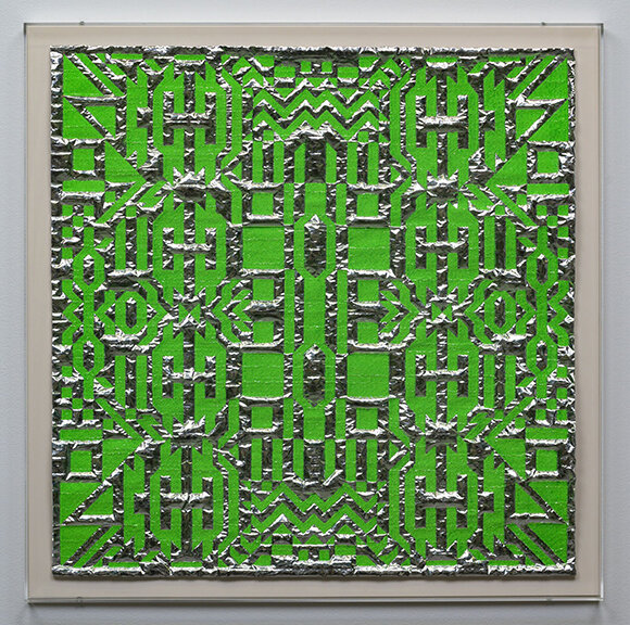   Caroline Monnet,   Radiant System n. 4 , 2020, Broderie sur feuille de bulles thermiques, 26 1/4” x 26 1/4” x 1 1/2” 