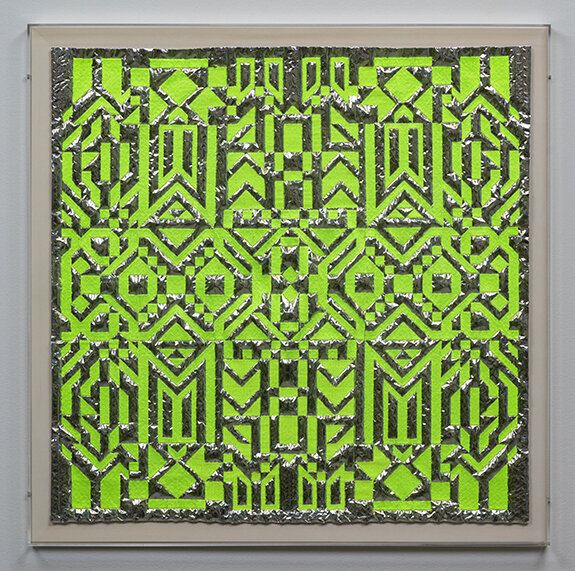   Caroline Monnet ,  Radiant System n.6 , 2020, Broderie sur feuille de bulles thermiques, 26 1/4” x 26 1/4” x 1 1/2” 