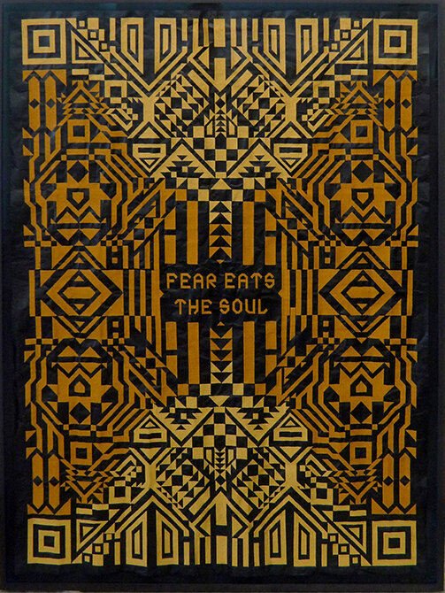   Caroline Monnet ,  Fear Eats the Soul , 2020, Embroidery on Tyvek, 48” x 36” 