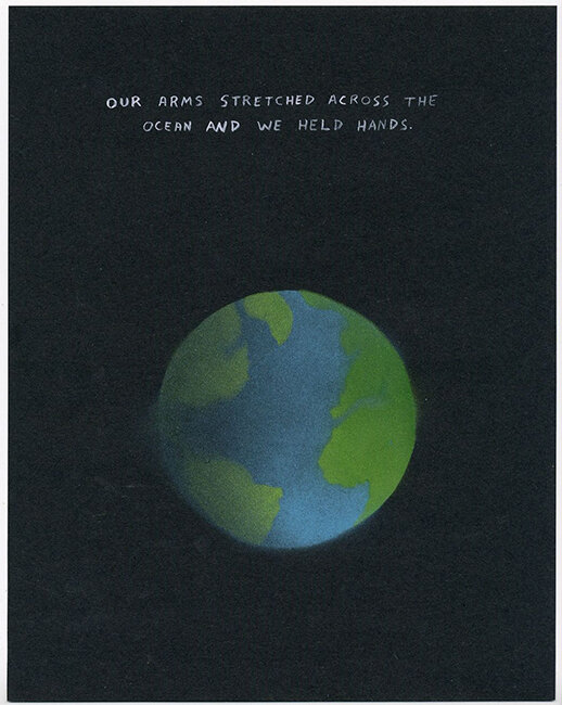   Michael Dumontier &amp; Neil Farber,   Our arms stretched across the ocean and we held hands , 2018, Acrylique et peinture en aérosol sur papier, 11” x 14” 