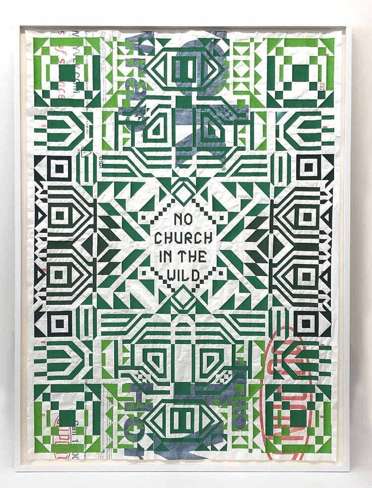   Caroline Monnet ,  No Church in the Wild , 2020, Broderie sur Tyvek, 48” x 36” 