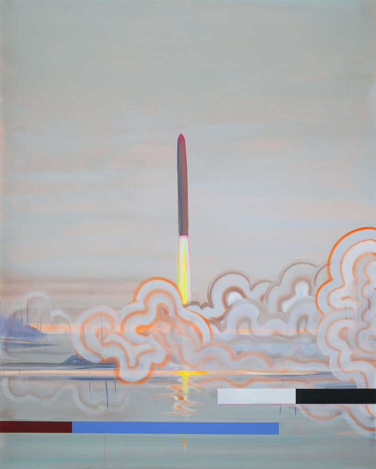   Wanda Koop ,  BREAKING NEWS (Lift off) , 2020, Acrylique sur toile, 60” x 48” 