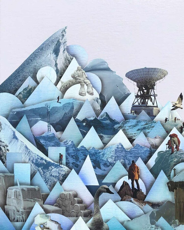   Simon Hughes ,  Mountain (winter) , 2020, Acrylic and collage on linen, 30” x 24” 