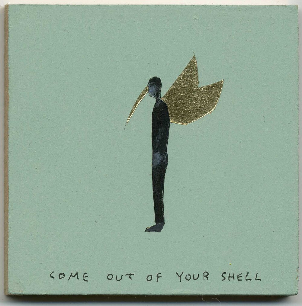   Michael Dumontier &amp; Neil Farber ,  Come out of your shell , 2018, Acrylique sur panneau de bois, 3” x 3” 