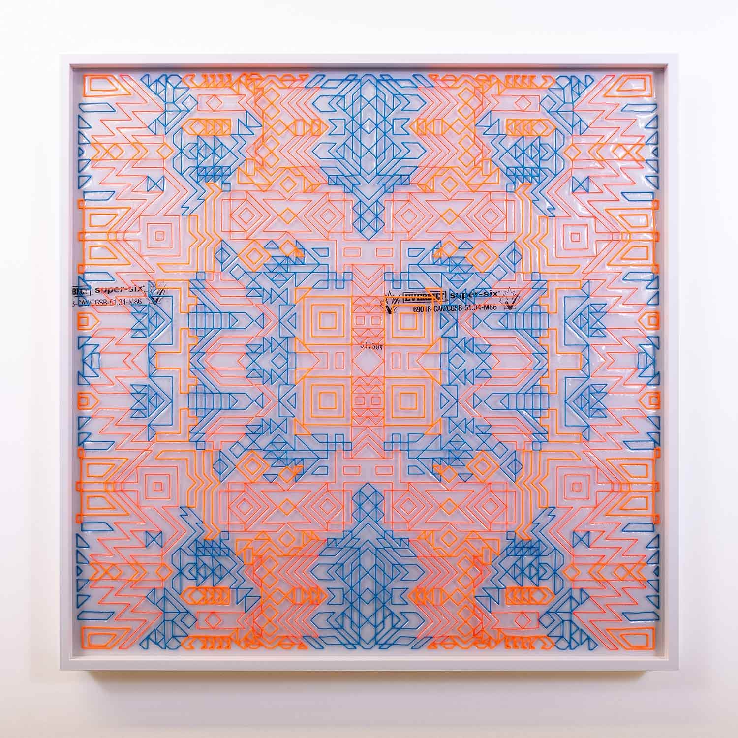 Caroline Monnet, Ossature 02, 2022, Embroidery on polyethylene, 36 x 36 in.