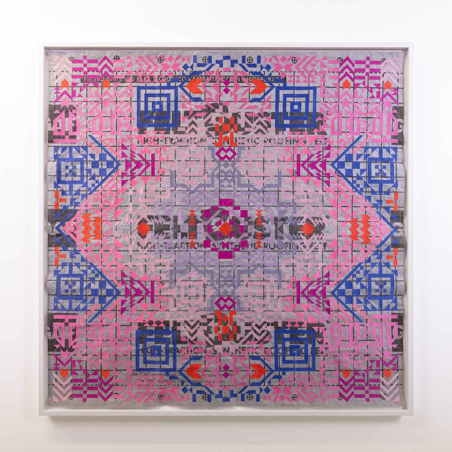 Caroline Monnet, Blanket 05, 2022, Embroideey on synthetic roofing felt, 48 x 48 in.