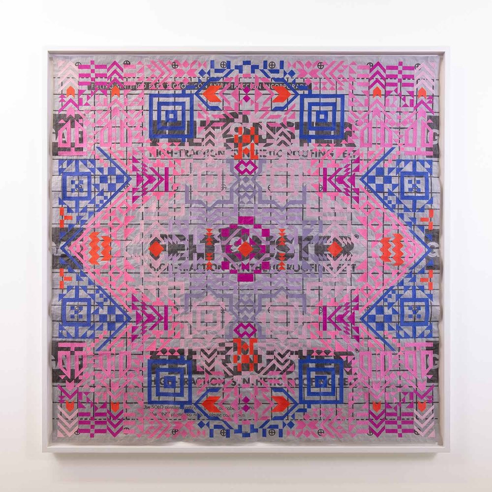 Caroline Monnet, Blanket 05, 2022, Embroideey on synthetic roofing felt, 48 x 48 in.