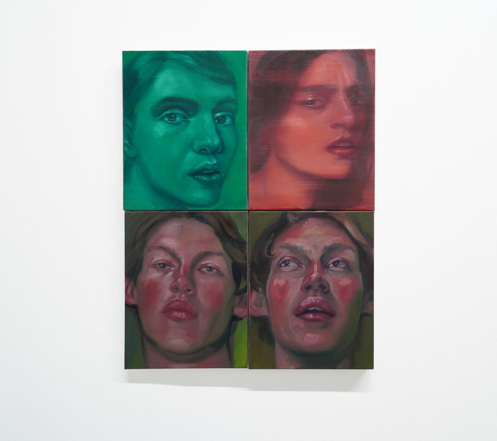   Chloe Wise  -  Sasha (Green), Nassia (Gold), Sam (Hammock) , 2022 Huile sur toile de lin / Oil on linen  28 x 22 in. (71.1 x 55.9 cm) 