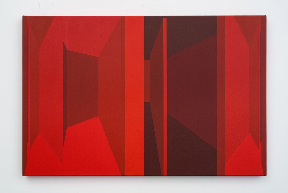   Francine Savard  -  Les Paravents (Lucio Fontana) 2, série ”Le Rêve de l'Atelier rouge” rouge” , 2023 Acrylique sur toile / Acrylic on canvas 25 x 38 in. (63.5 x 96.5 cm) 