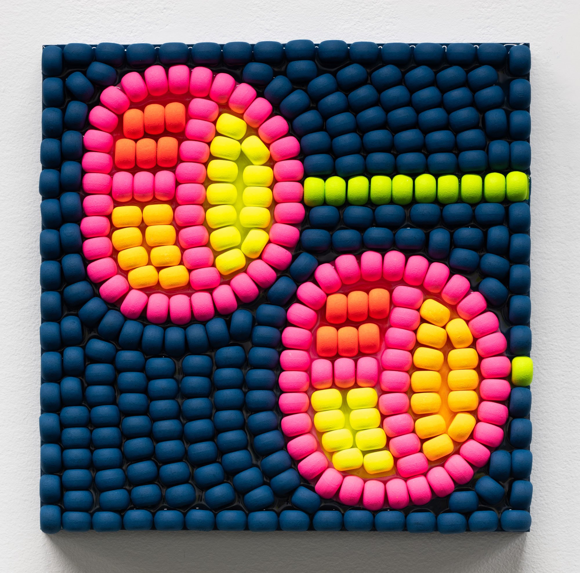 Renée Condo , from the Gloqowejuik series, 2025, billes de bois, peinture acrylique, époxy sur panneau de bois / Wood beads, acrylic paint, epoxy on wood panel, 12 x 12 in.