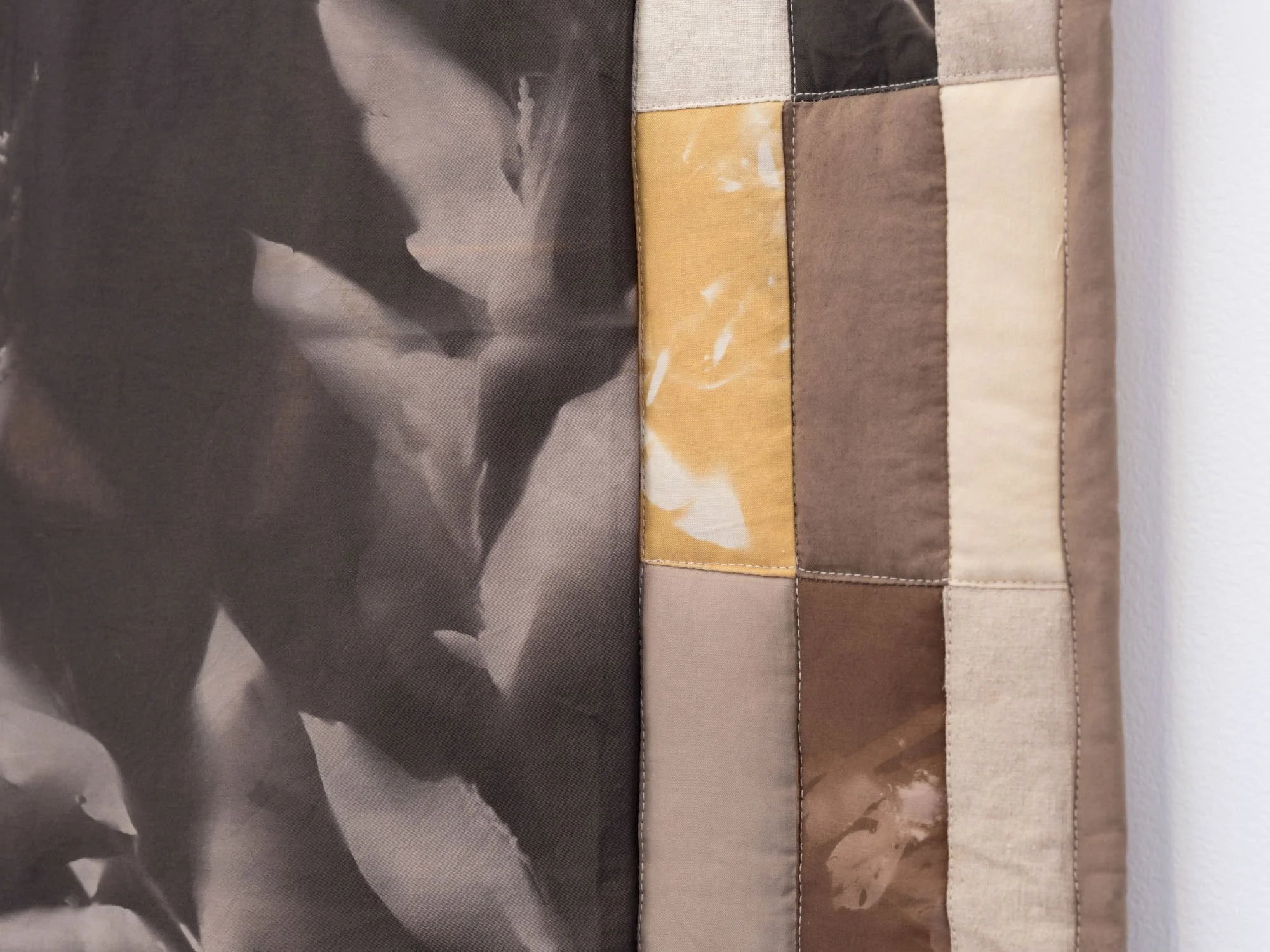 Holly Chang , Garden into Infinity, Father (détail / detail), 2024, cyanotypes toned with walnuts and black tea, quilting techniques, naturally dyed textiles, 39 x 30 in.