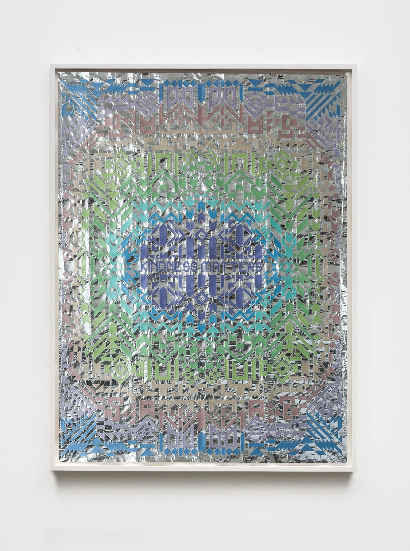 Caroline Monnet , Kindness Matters , 2025, Barrière radiante solaire réfléchissante / Embroidery on Radiant Barrier Solar Attic Foil Reflective, 45 1/2 x 34 1/4 in.