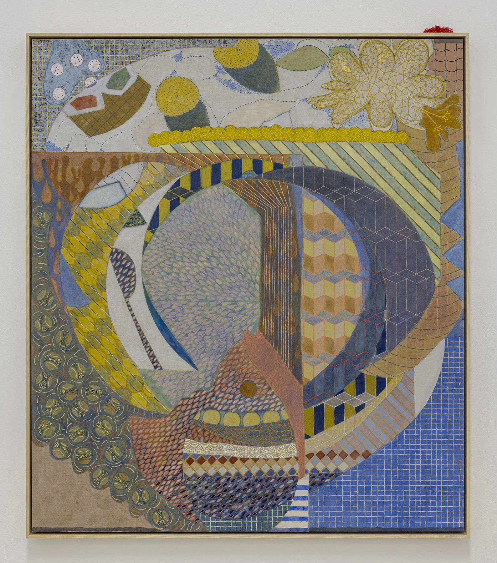 Patrick Howlett, nervous juices , 2022, Détrempe, crayon, aquarelle, encre, lacque, médium à la cire et huile sur toile de lin, plastique tissé dans un cadre de frêne modifié / Distemper, pencil, watercolour, ink, shellac, wax medium and oil on l