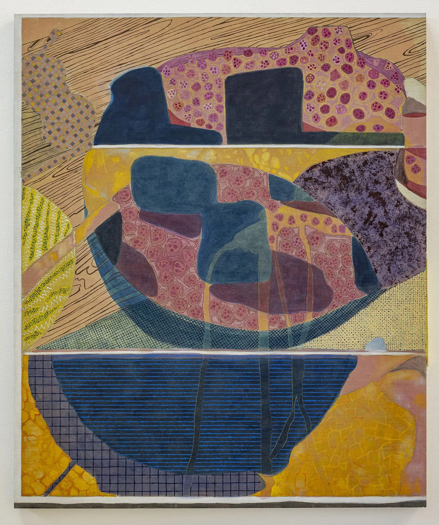 Patrick Howlett, mesmer's magnet , 2022, Détrempe, crayon, aquarelle, cire et huile sur toile de lin, plastique tissé et clous de tapis / Distemper, pencil, watercolour, wax, and oil on linen, woven plastic and carpet nails, 48 x 40 in.