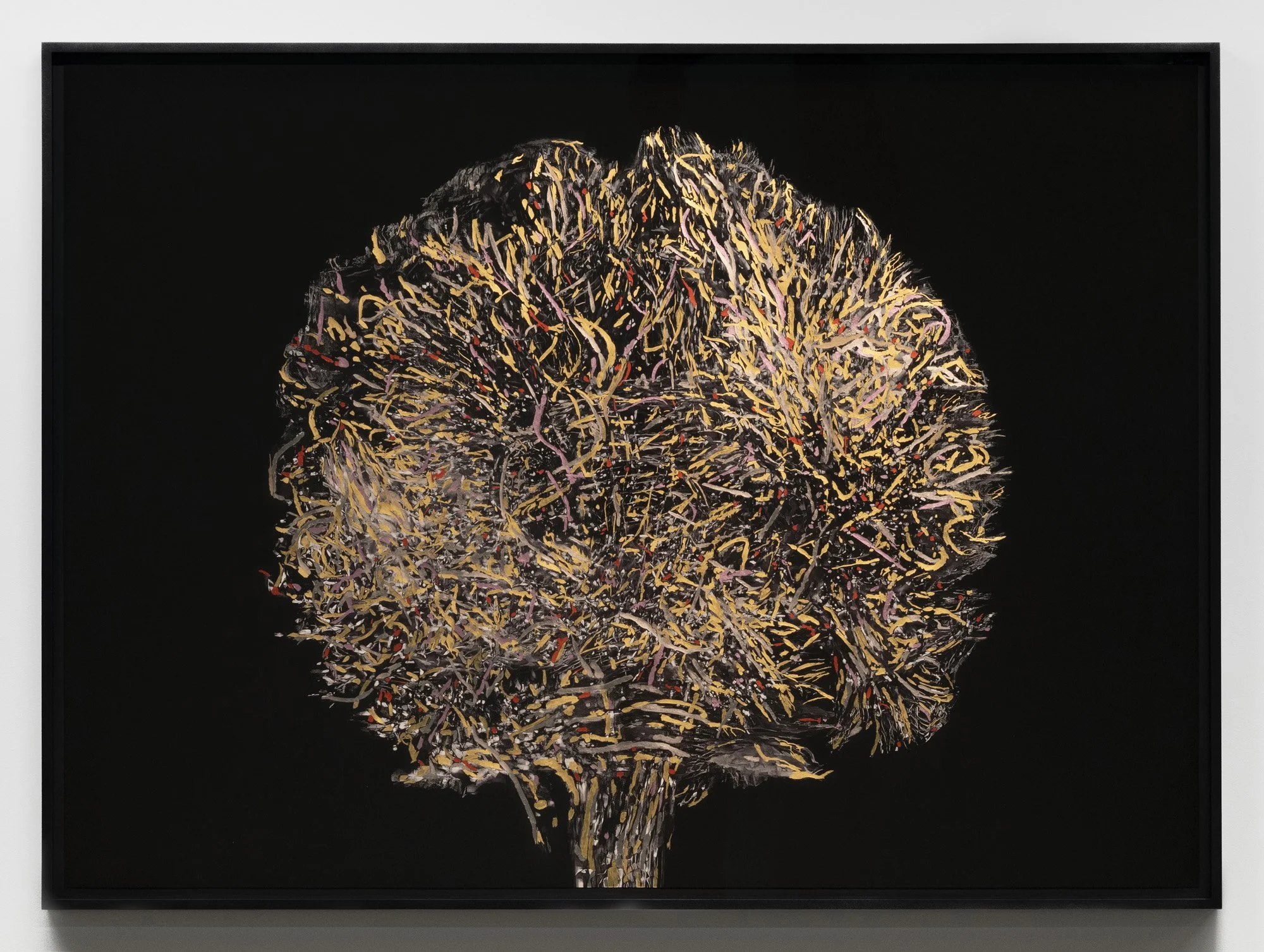   Geneviève Cadieux ,  Le lieu de l'esprit , 2023-2024, Impressions numériques sur papier Canson, relevées à la feuille d’or, à la feuille de paladium et aux feuilles colorées d’argent / digital prints on Canson paper, enhanced with gold leaf, paladi