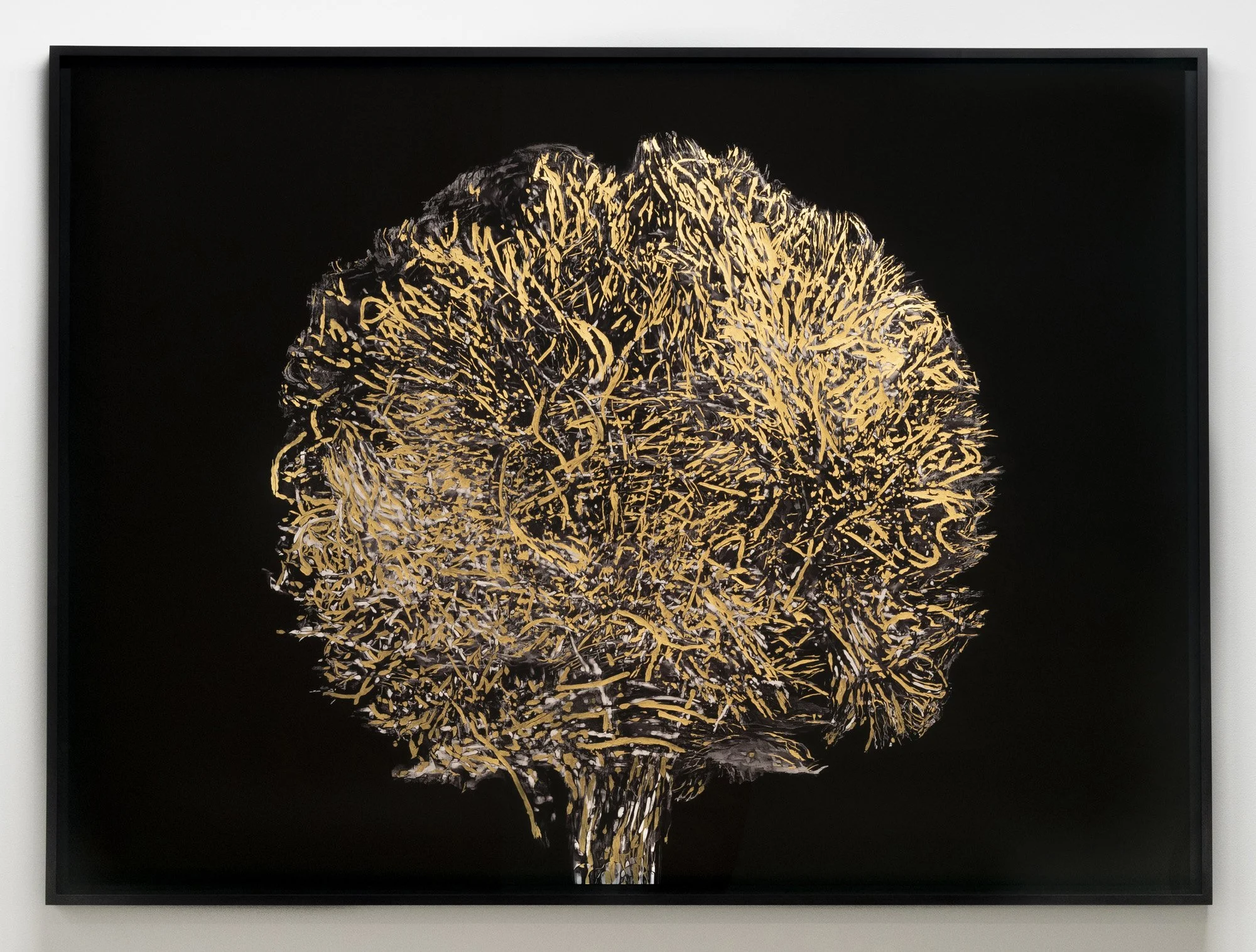   Geneviève Cadieux,   Le lieu de l'esprit , 2023-2024, Impressions numériques sur papier Canson, relevées à la feuille d’or, à la feuille de paladium et aux feuilles colorées d’argent / digital prints on Canson paper, enhanced with gold leaf, paladi