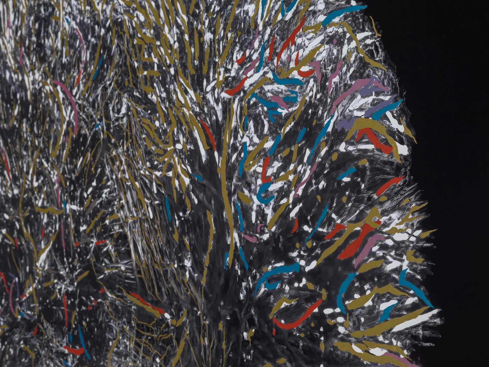   Geneviève Cadieux,   Le lieu de l'esprit  (détail/detail), 2023-2024, Impressions numériques sur papier Canson, relevées à la feuille d’or, à la feuille de paladium et aux feuilles colorées d’argent / digital prints on Canson paper, enhanced with g