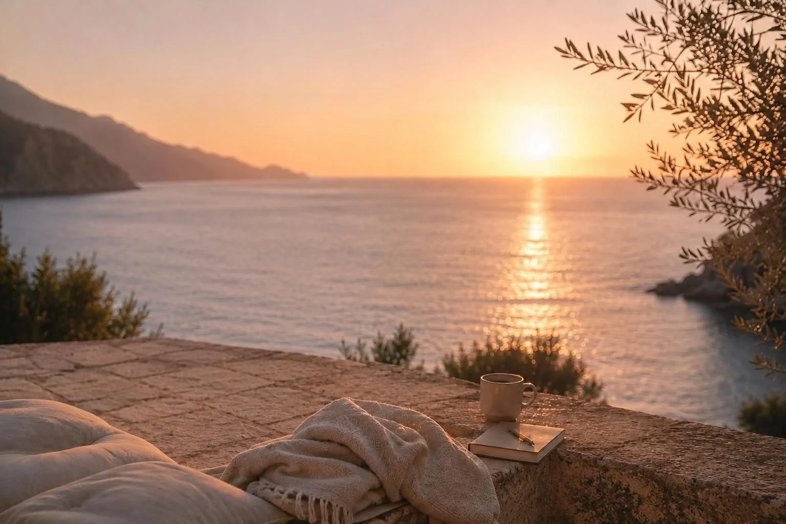 Vista del mare al tramonto con una terrazza con cuscini, una tazza e un libro.