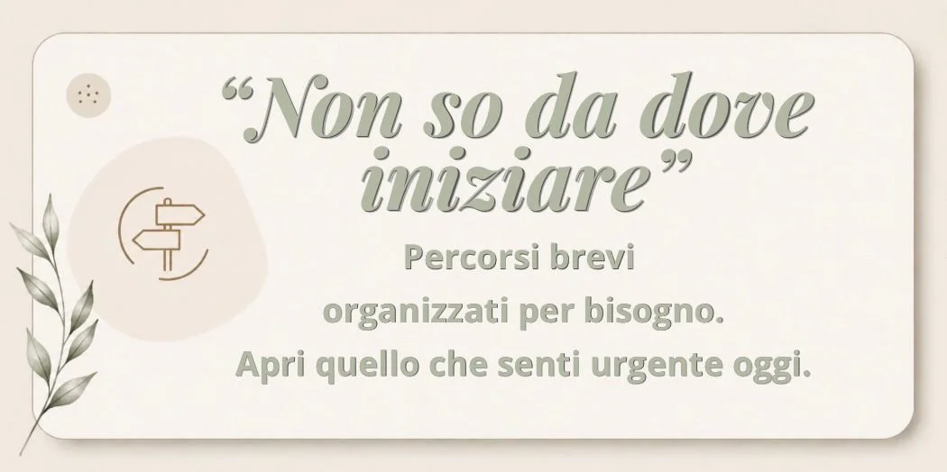 Un messaggio motivazionale che dice: "Non so da dove iniziare". Percorsi brevi organizzati per bisogno. Apri quello che senti urgente oggi.