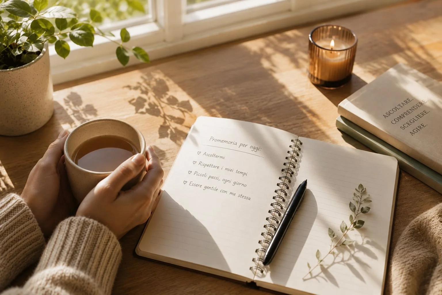 Una persona tiene una tazza di tè o caffè e un quaderno aperto con una lista scritta a mano, al sole vicino a una finestra. Viene vista anche una candela, alcune riviste o libri impilati e una pianta in una ciotola. La luce del sole crea ombre sulla superficie di legno.