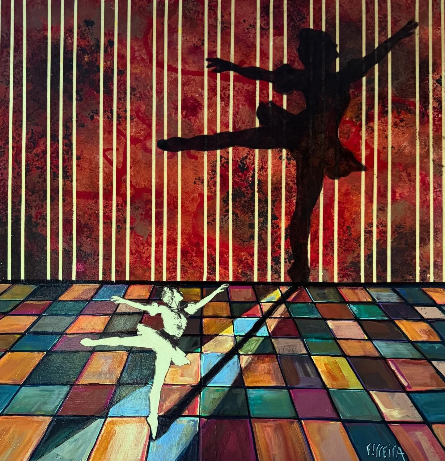 &ldquo;Ghost Rehearsal&rdquo; 
18&rdquo; x 18&rdquo; 
Acrylic and Collage on Birch. 

Found this ballet dancer in a 1944 LIFE and carefully  sealed and preserved her for this piece.  I decided I&rsquo;m not quite ready to get rid of this one but will