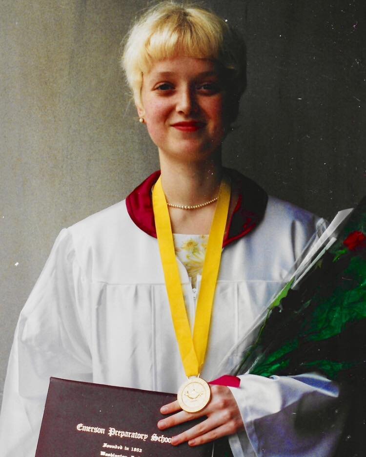 Me, 18, 1996, graduating as salutatorian of my small class at a small private high school in DC, now closed. 

Yellow flowers on my vintage dress, I remember it well as a gem, pearls, I wish I had known how wonderful I was! Sadly I don&rsquo;t think 